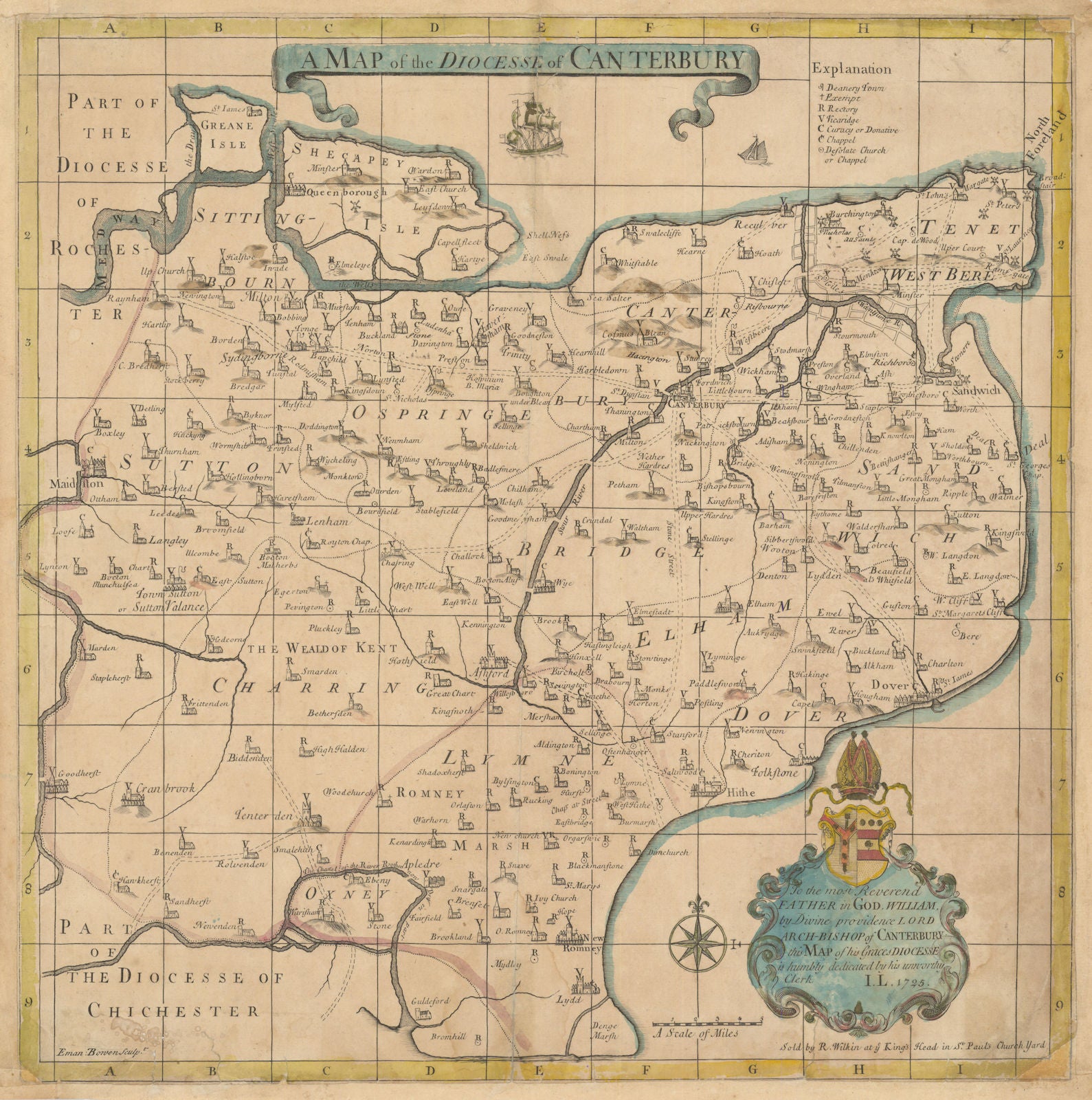 A Map of the Diocesse of Canterbury by Emanuel Bowen. Very rare 1725 old